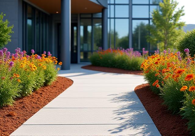 Commercial building entrance with fresh mulch and bright, colorful flowers, showing seasonal planting.