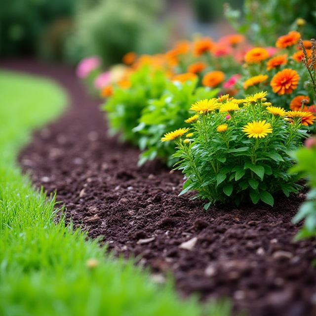 Detailed garden bed maintenance with fresh dark mulch, vibrant new plants, and clearly defined edges.