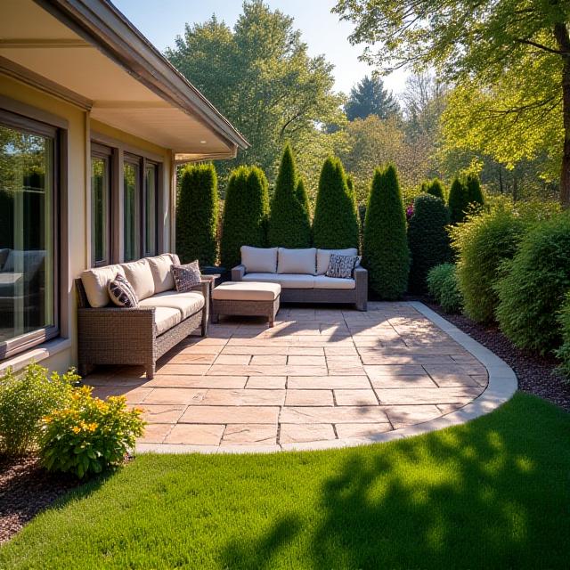 Newly installed stone paver patio with comfortable outdoor furniture in a sunny residential backyard.